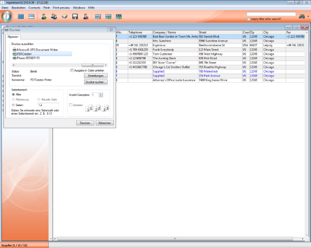 Print dialogue for printing a list view