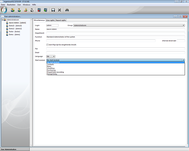 Configuration of the start module of a user