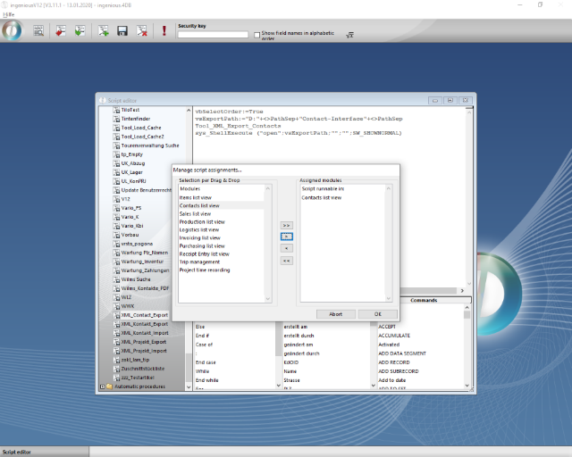 Script assignment for contacts XML export