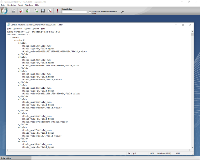 XML of an exported data record
