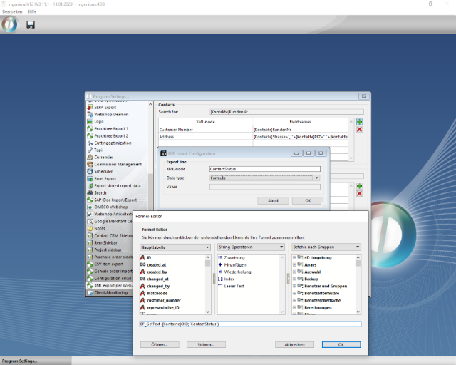 Configuration of an XML node for a user field