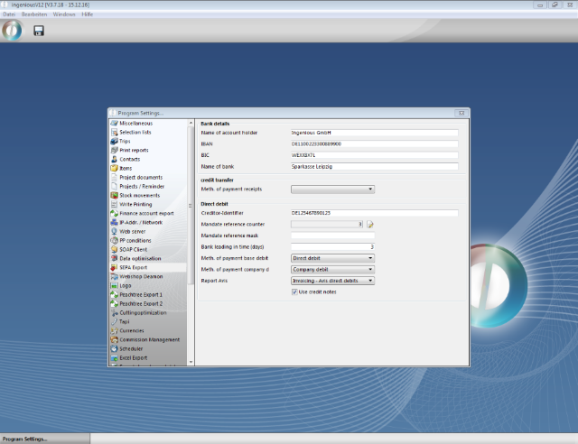 Configuration of the SEPA export